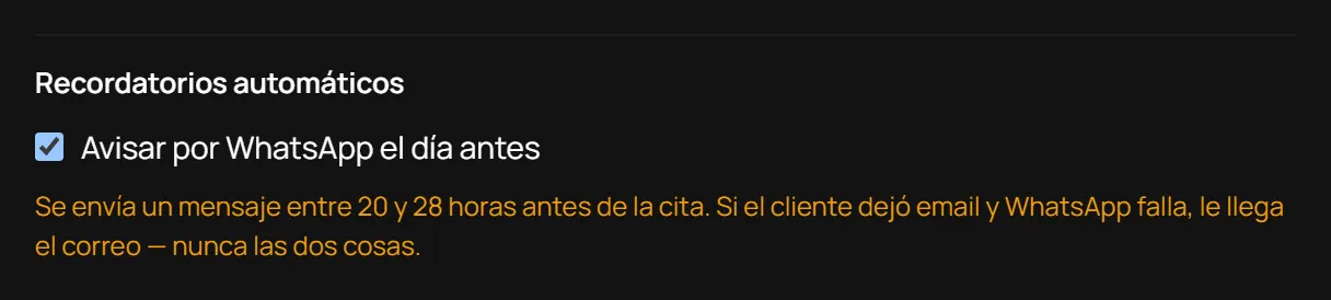 Sección «Recordatorios automáticos» en Marca con el interruptor «Avisar por WhatsApp el día antes» activado.