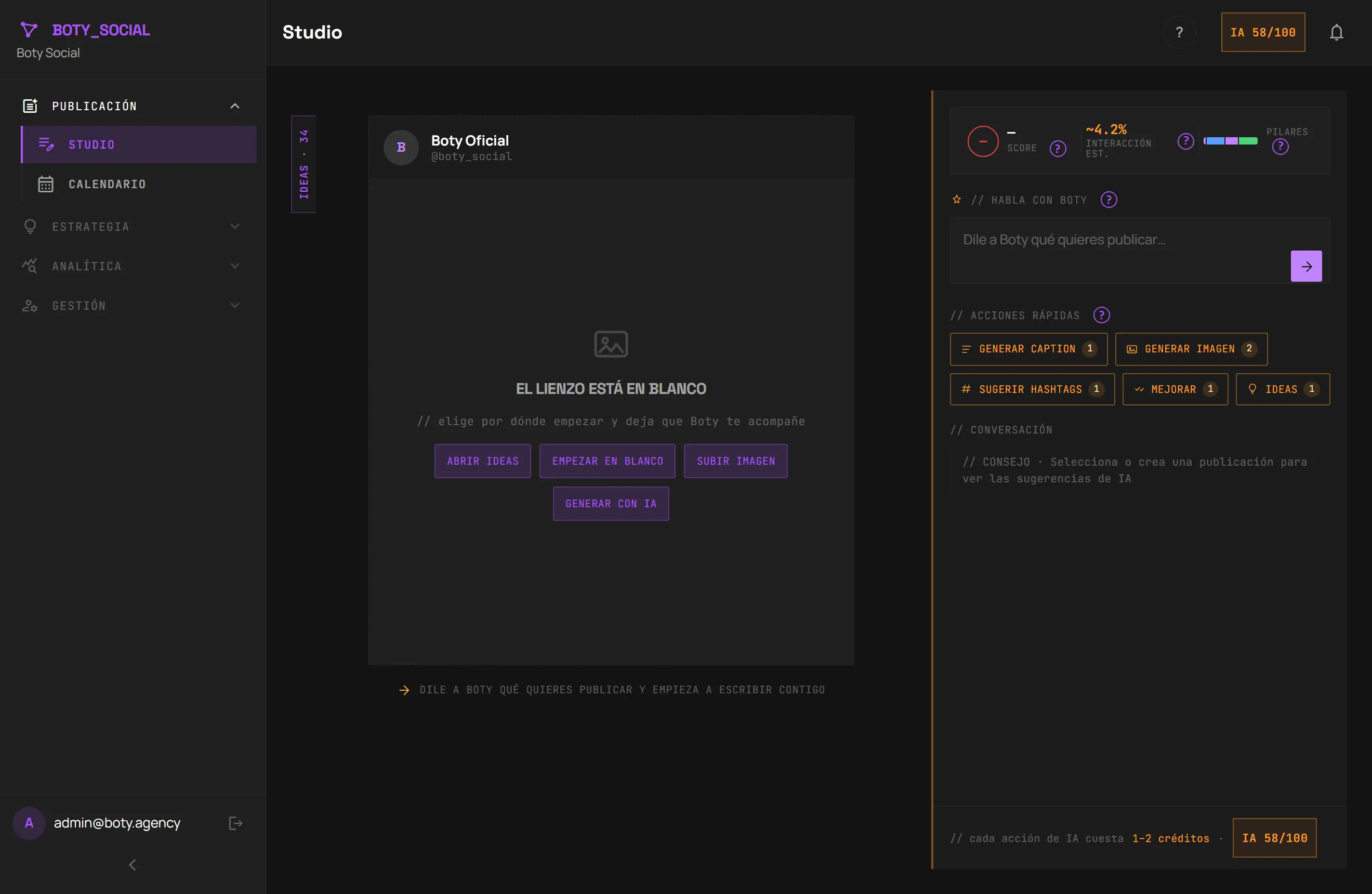 Studio de Boty Social: el lienzo de composición a la izquierda y el copiloto de IA a la derecha, con acciones rápidas (generar pie de foto, generar imagen, sugerir hashtags, ideas) y su coste en créditos.